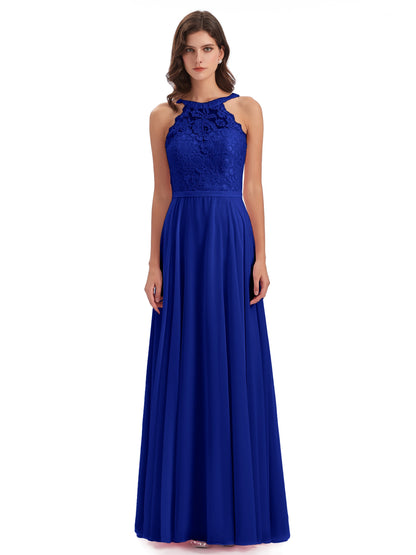 Avery Halter Illusion Lace Long Bridesmaid Dresses