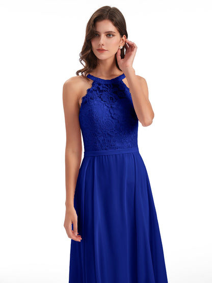 Avery Halter Illusion Lace Long Bridesmaid Dresses
