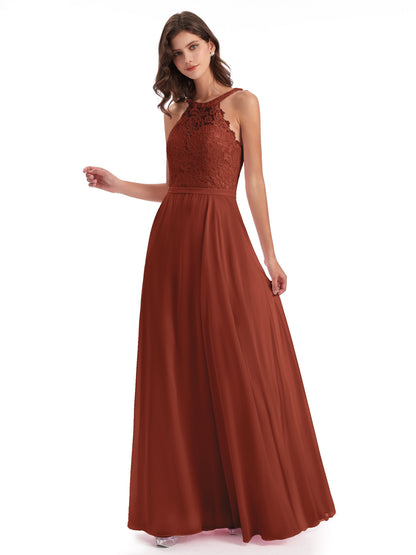 Avery Halter Illusion Lace Long Bridesmaid Dresses