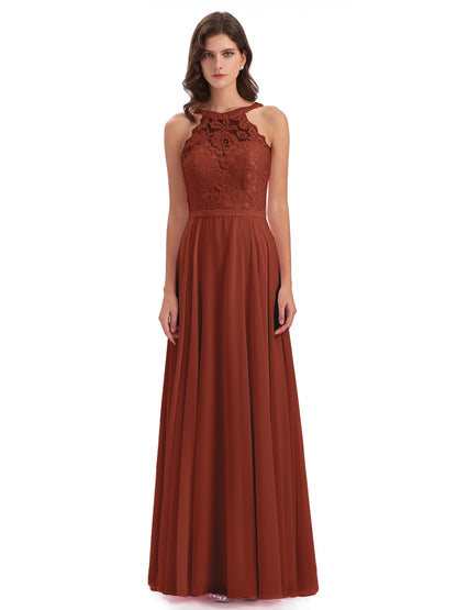 Avery Halter Illusion Lace Long Bridesmaid Dresses