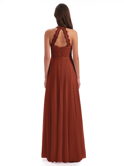 Avery Halter Illusion Lace Long Bridesmaid Dresses