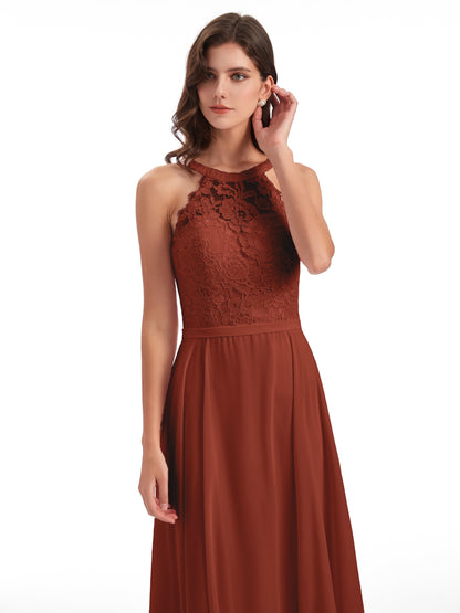 Avery Halter Illusion Lace Long Bridesmaid Dresses