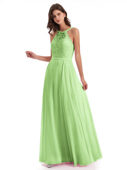 Avery Halter Illusion Lace Long Bridesmaid Dresses