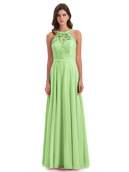 Avery Halter Illusion Lace Long Bridesmaid Dresses