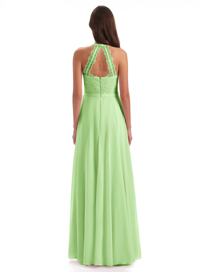 Avery Halter Illusion Lace Long Bridesmaid Dresses