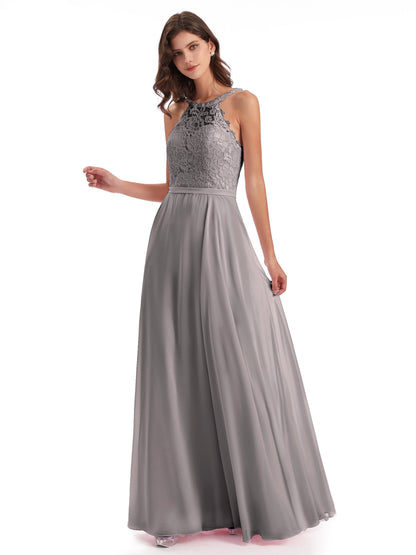 Avery Halter Illusion Lace Long Bridesmaid Dresses