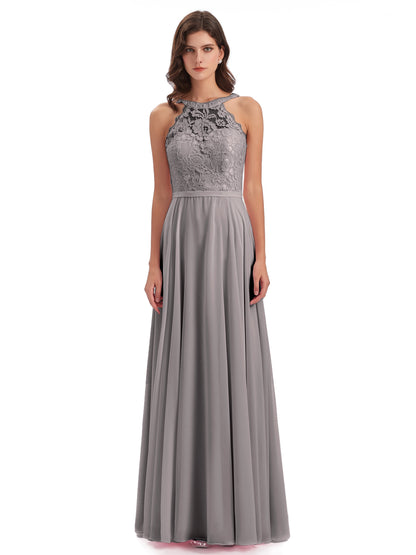 Avery Halter Illusion Lace Long Bridesmaid Dresses
