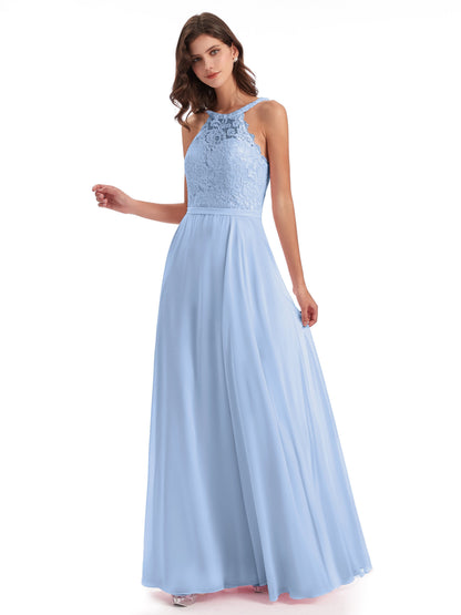 Avery Halter Illusion Lace Long Bridesmaid Dresses