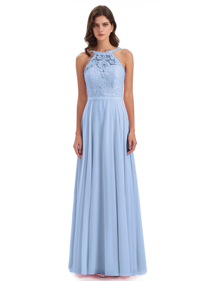 Avery Halter Illusion Lace Long Bridesmaid Dresses