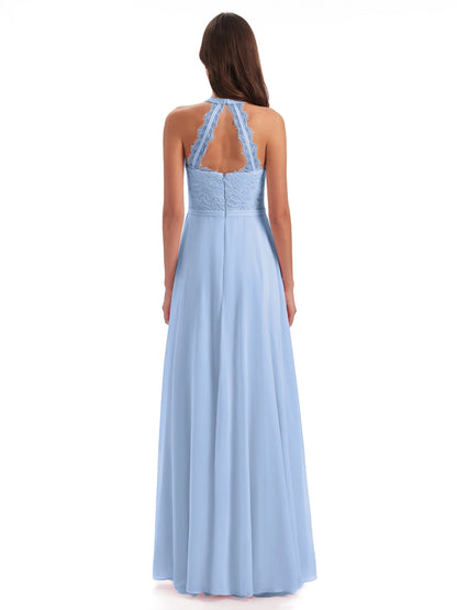 Avery Halter Illusion Lace Long Bridesmaid Dresses