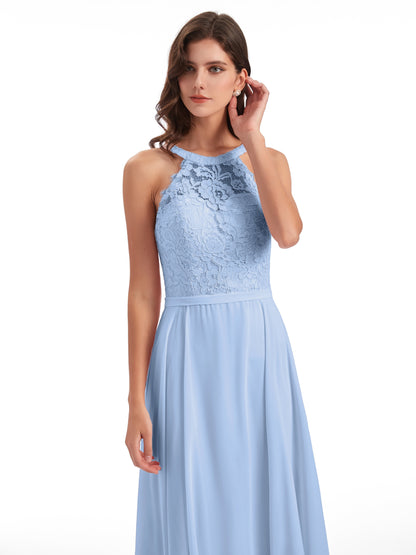 Avery Halter Illusion Lace Long Bridesmaid Dresses