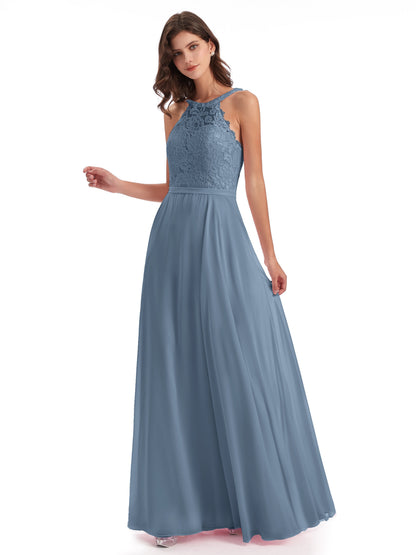 Avery Halter Illusion Lace Long Bridesmaid Dresses