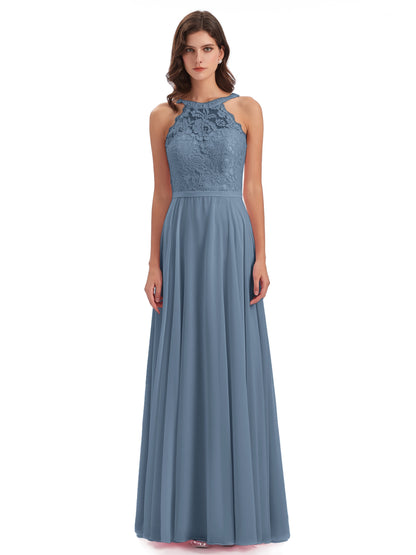 Avery Halter Illusion Lace Long Bridesmaid Dresses