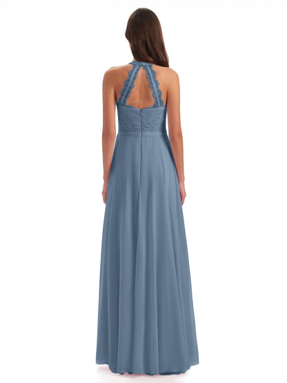 Avery Halter Illusion Lace Long Bridesmaid Dresses