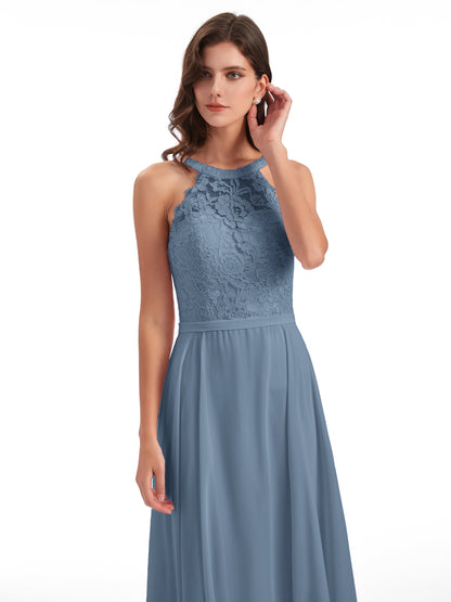 Avery Halter Illusion Lace Long Bridesmaid Dresses