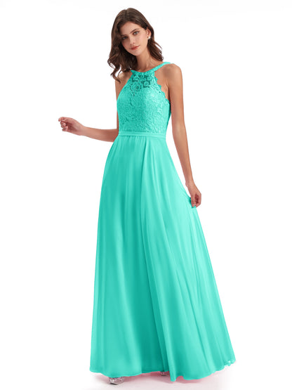 Avery Halter Illusion Lace Long Bridesmaid Dresses