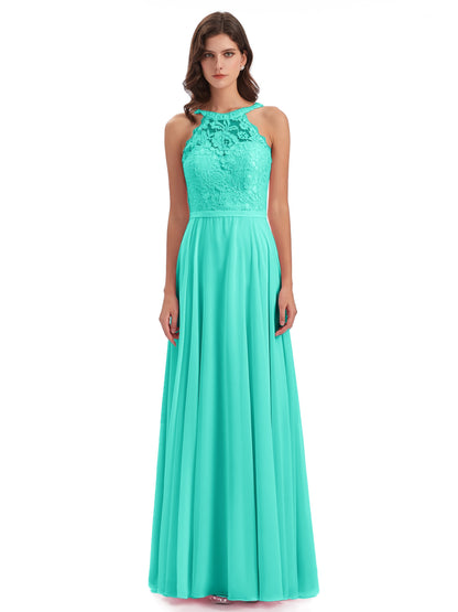 Avery Halter Illusion Lace Long Bridesmaid Dresses