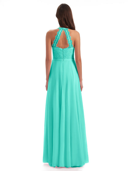 Avery Halter Illusion Lace Long Bridesmaid Dresses