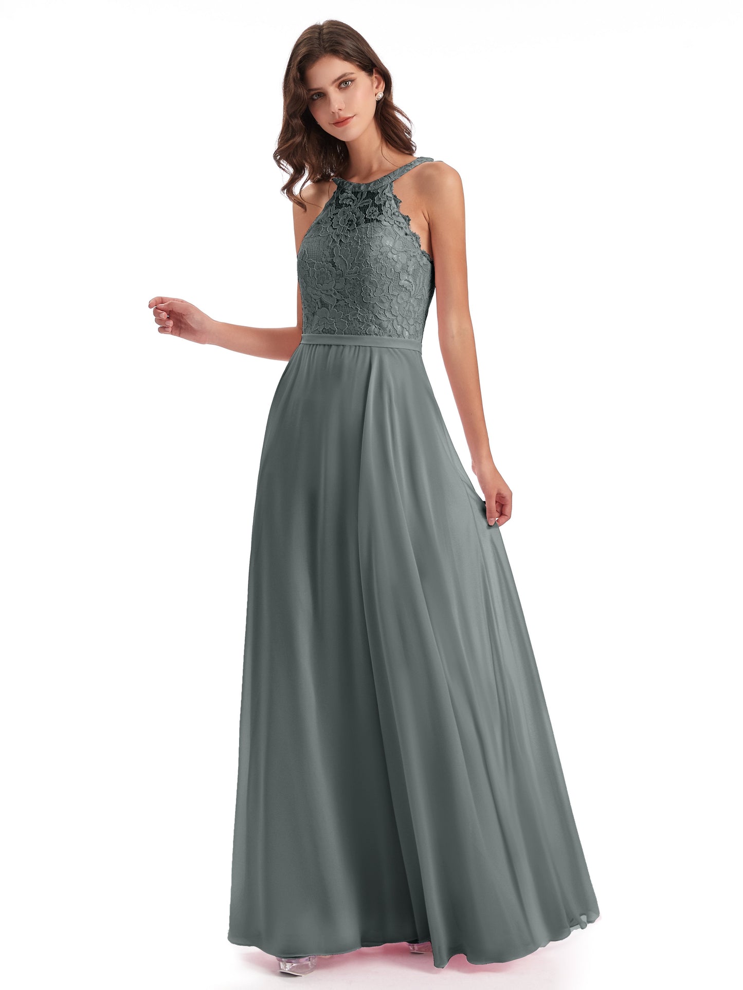 Avery Halter Illusion Lace Long Bridesmaid Dresses