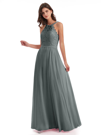 Avery Halter Illusion Lace Long Bridesmaid Dresses