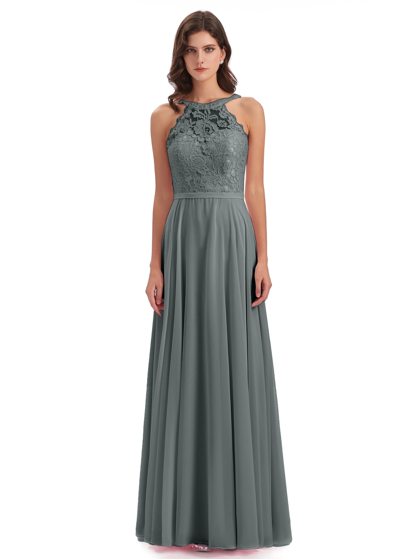 Avery Halter Illusion Lace Long Bridesmaid Dresses