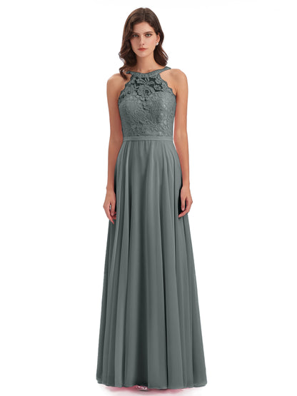 Avery Halter Illusion Lace Long Bridesmaid Dresses