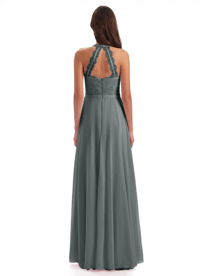 Avery Halter Illusion Lace Long Bridesmaid Dresses