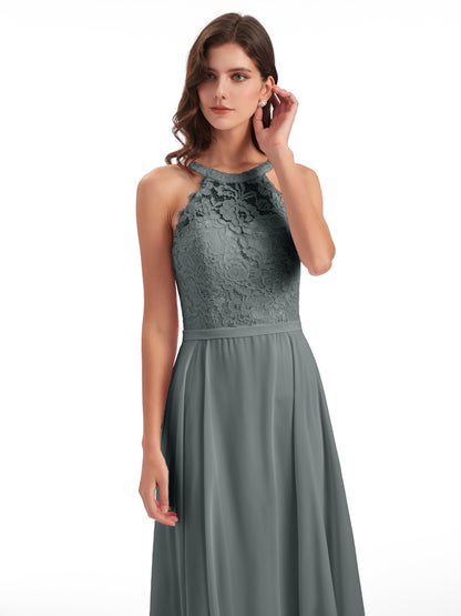 Avery Halter Illusion Lace Long Bridesmaid Dresses