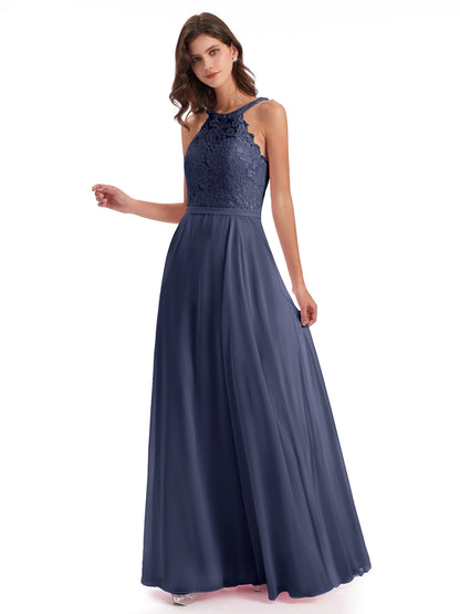 Avery Halter Illusion Lace Long Bridesmaid Dresses
