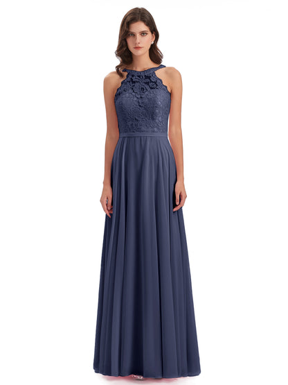 Avery Halter Illusion Lace Long Bridesmaid Dresses