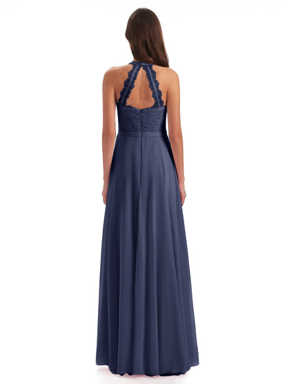 Avery Halter Illusion Lace Long Bridesmaid Dresses