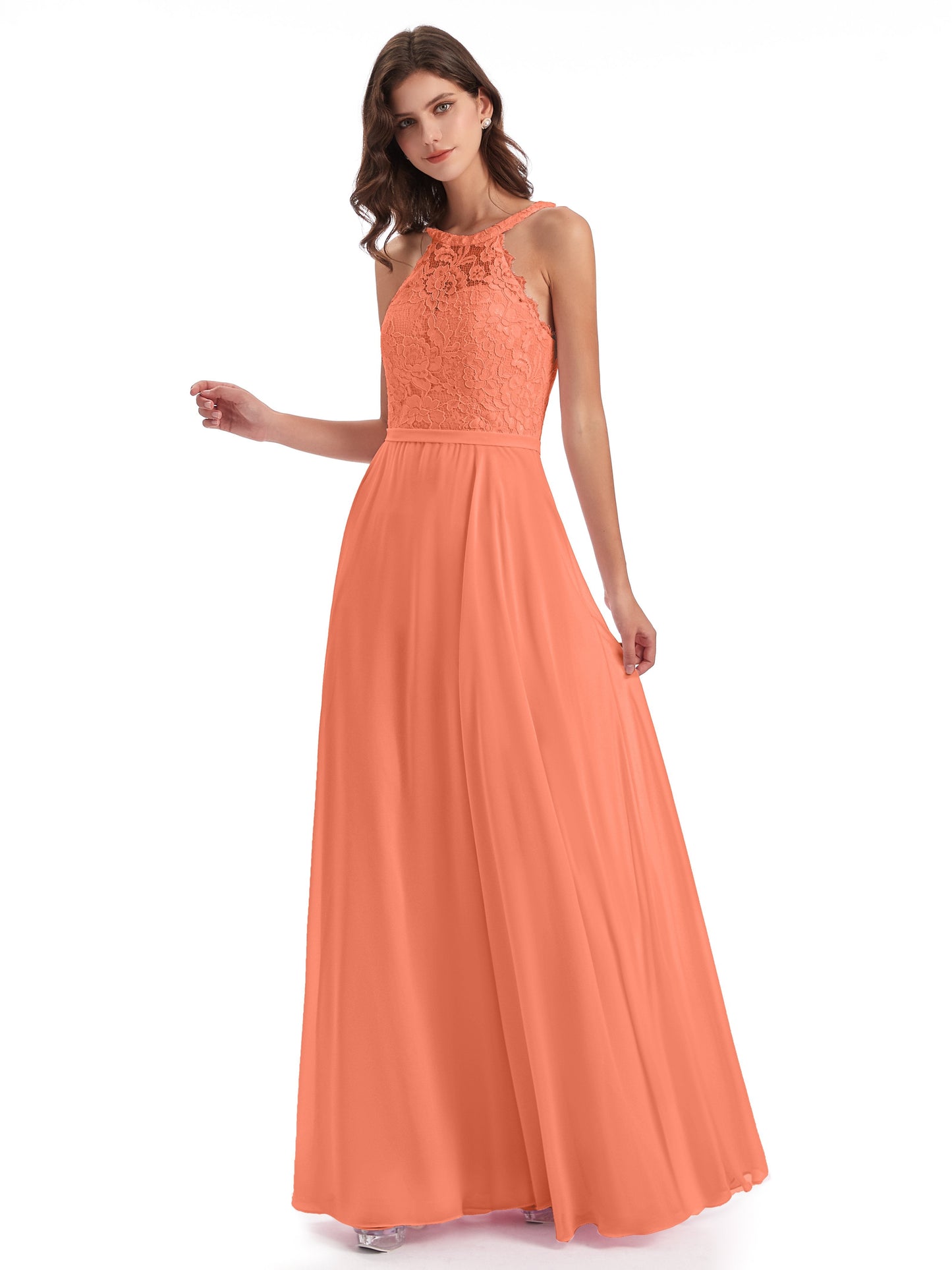 Avery Halter Illusion Lace Long Bridesmaid Dresses