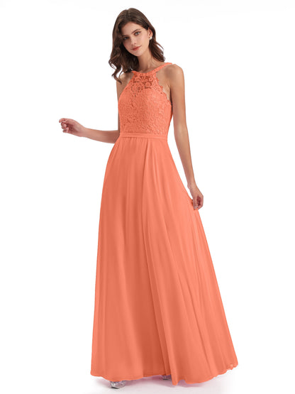 Avery Halter Illusion Lace Long Bridesmaid Dresses