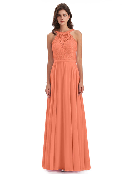 Avery Halter Illusion Lace Long Bridesmaid Dresses
