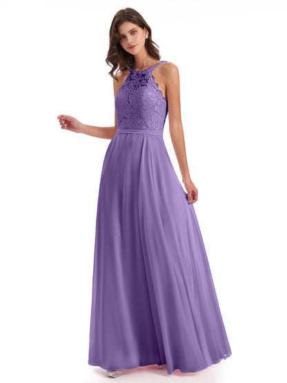 Avery Halter Illusion Lace Long Bridesmaid Dresses