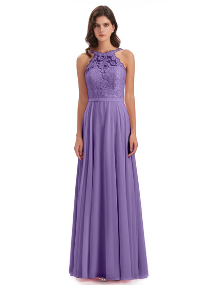 Avery Halter Illusion Lace Long Bridesmaid Dresses