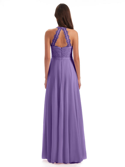 Avery Halter Illusion Lace Long Bridesmaid Dresses