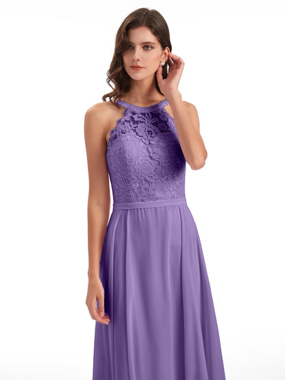 Avery Halter Illusion Lace Long Bridesmaid Dresses
