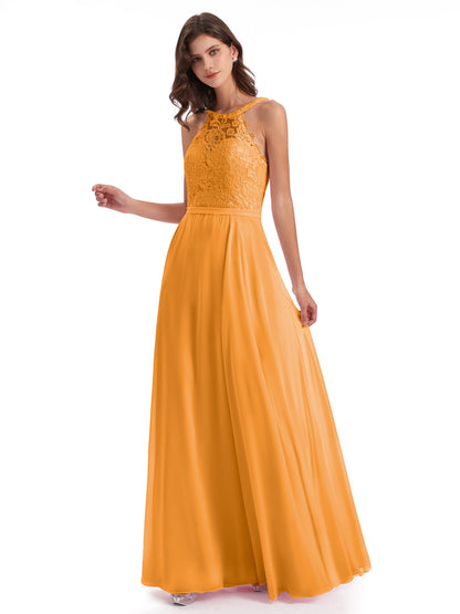 Avery Halter Illusion Lace Long Bridesmaid Dresses