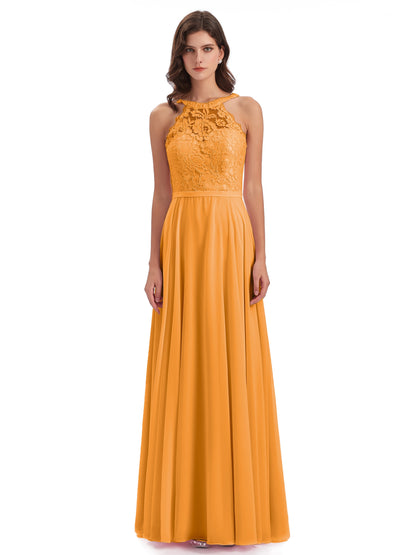 Avery Halter Illusion Lace Long Bridesmaid Dresses
