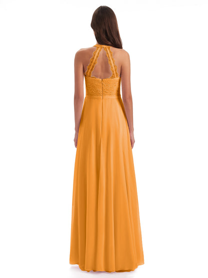 Avery Halter Illusion Lace Long Bridesmaid Dresses