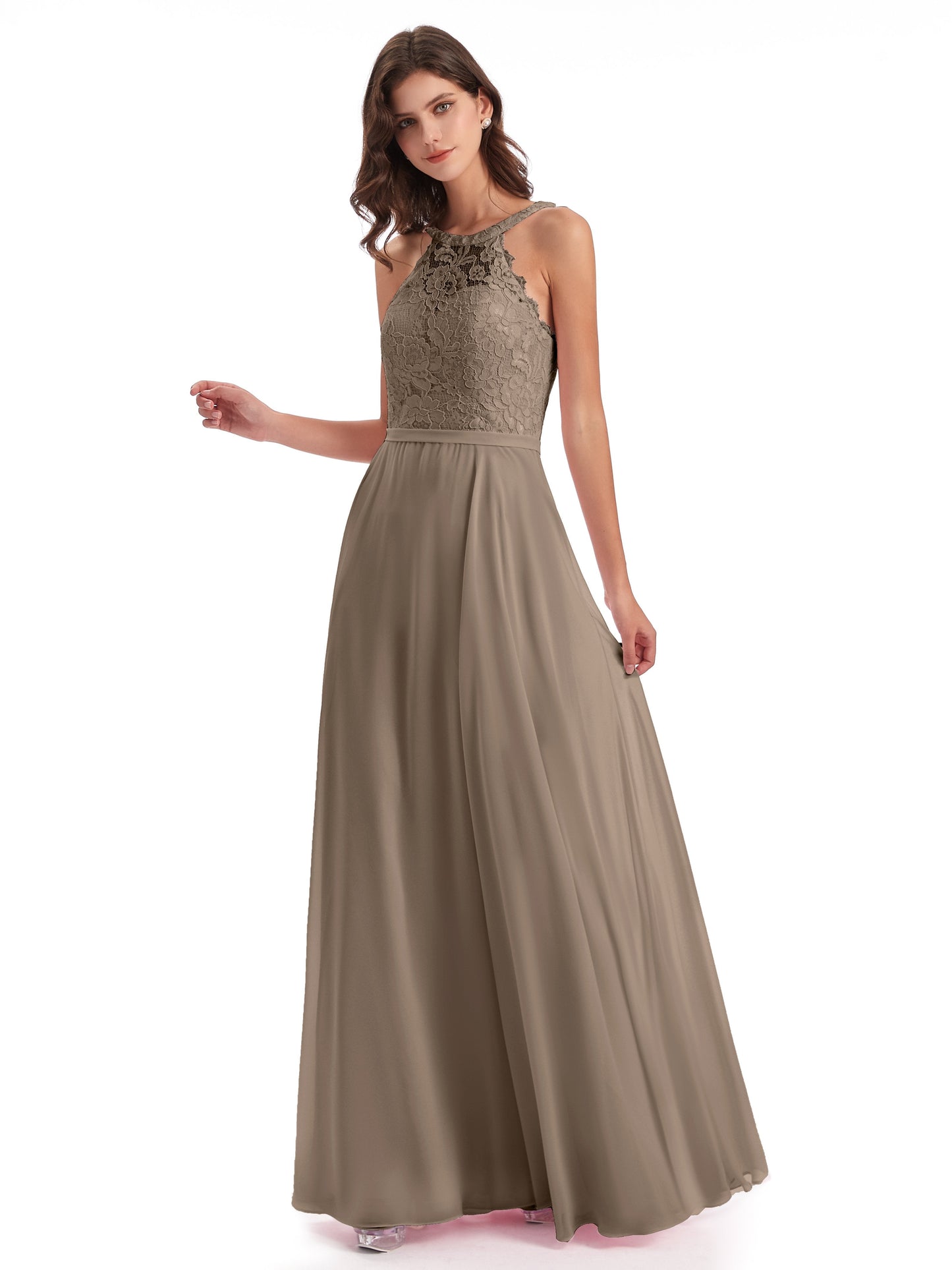 Avery Halter Illusion Lace Long Bridesmaid Dresses