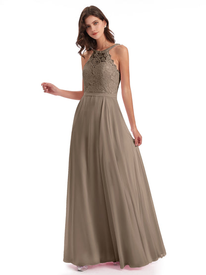Avery Halter Illusion Lace Long Bridesmaid Dresses