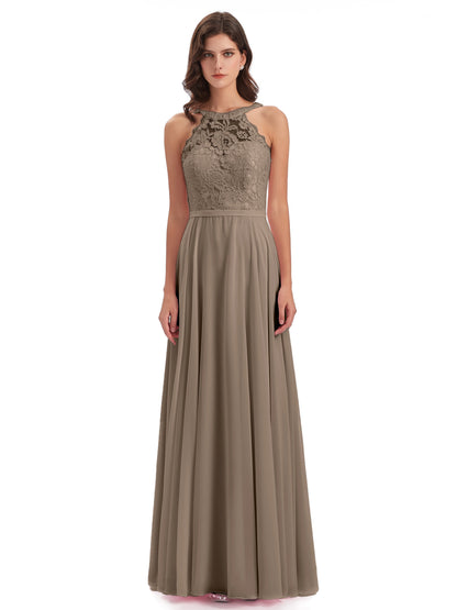 Avery Halter Illusion Lace Long Bridesmaid Dresses