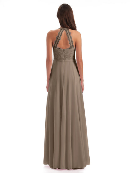 Avery Halter Illusion Lace Long Bridesmaid Dresses