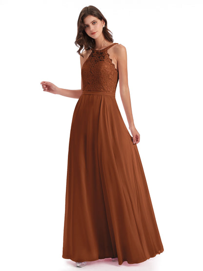 Avery Halter Illusion Lace Long Bridesmaid Dresses