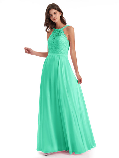 Avery Halter Illusion Lace Long Bridesmaid Dresses