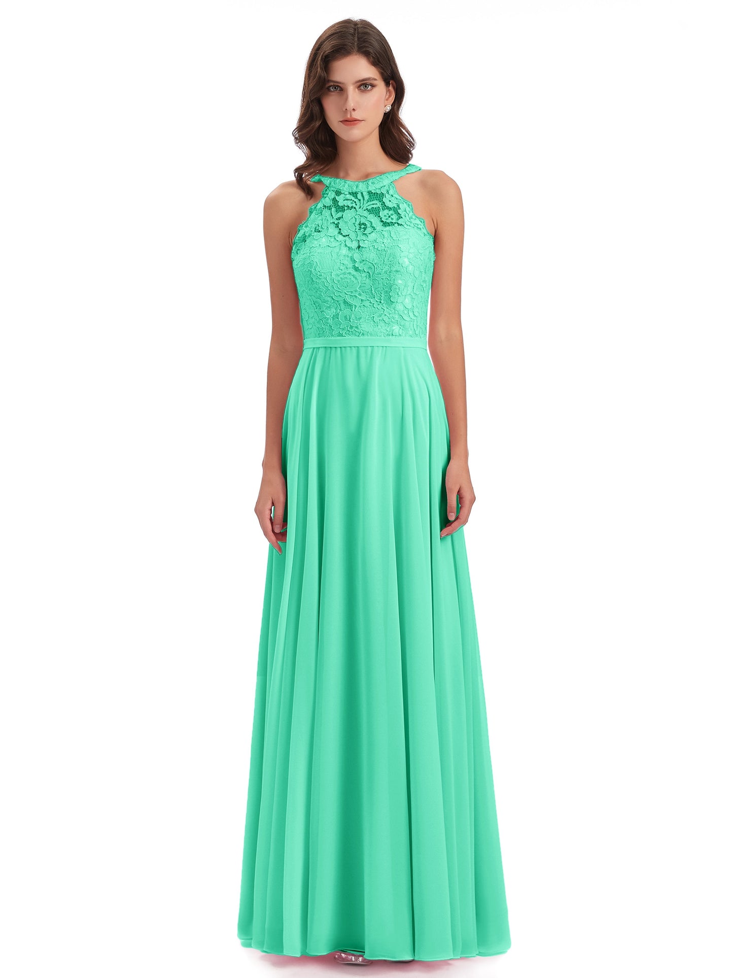Avery Halter Illusion Lace Long Bridesmaid Dresses