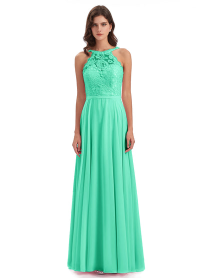 Avery Halter Illusion Lace Long Bridesmaid Dresses
