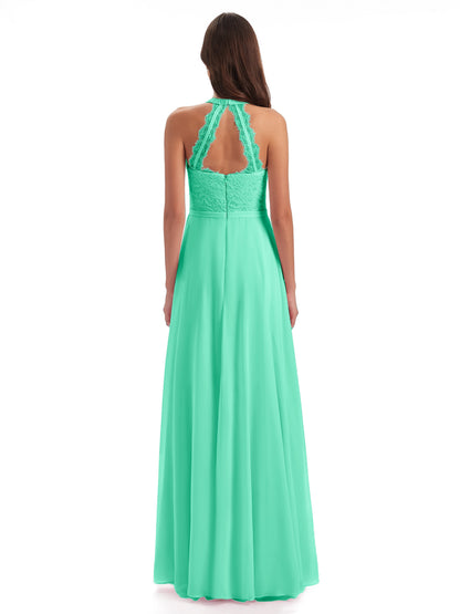 Avery Halter Illusion Lace Long Bridesmaid Dresses